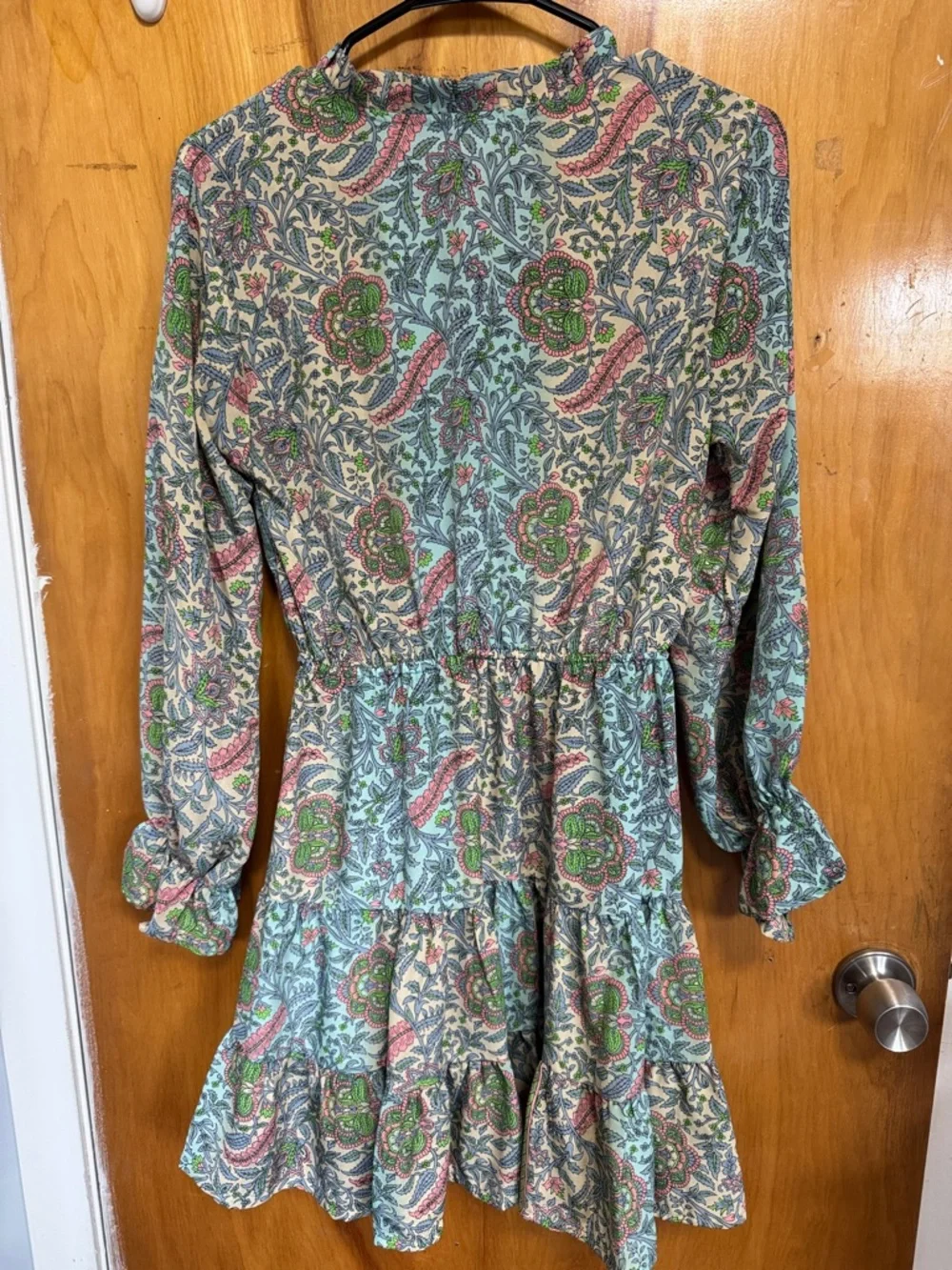 Boho Paisley Tie-Waist Long Sleeve Dress - Green Multi - Picture 7 of 10